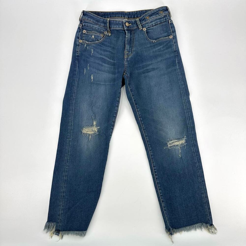 R 13 Straight Boy Distressed Raw Hem Jeans Baylis Cropped WMNS 27 Blue Denim